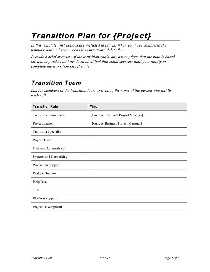 Project Transition Plan Template Project Transition Plan Template In Word and Pdf formats