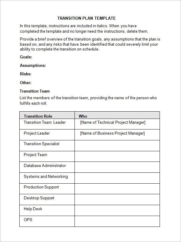 Project Transition Plan Template Transition Plan Template
