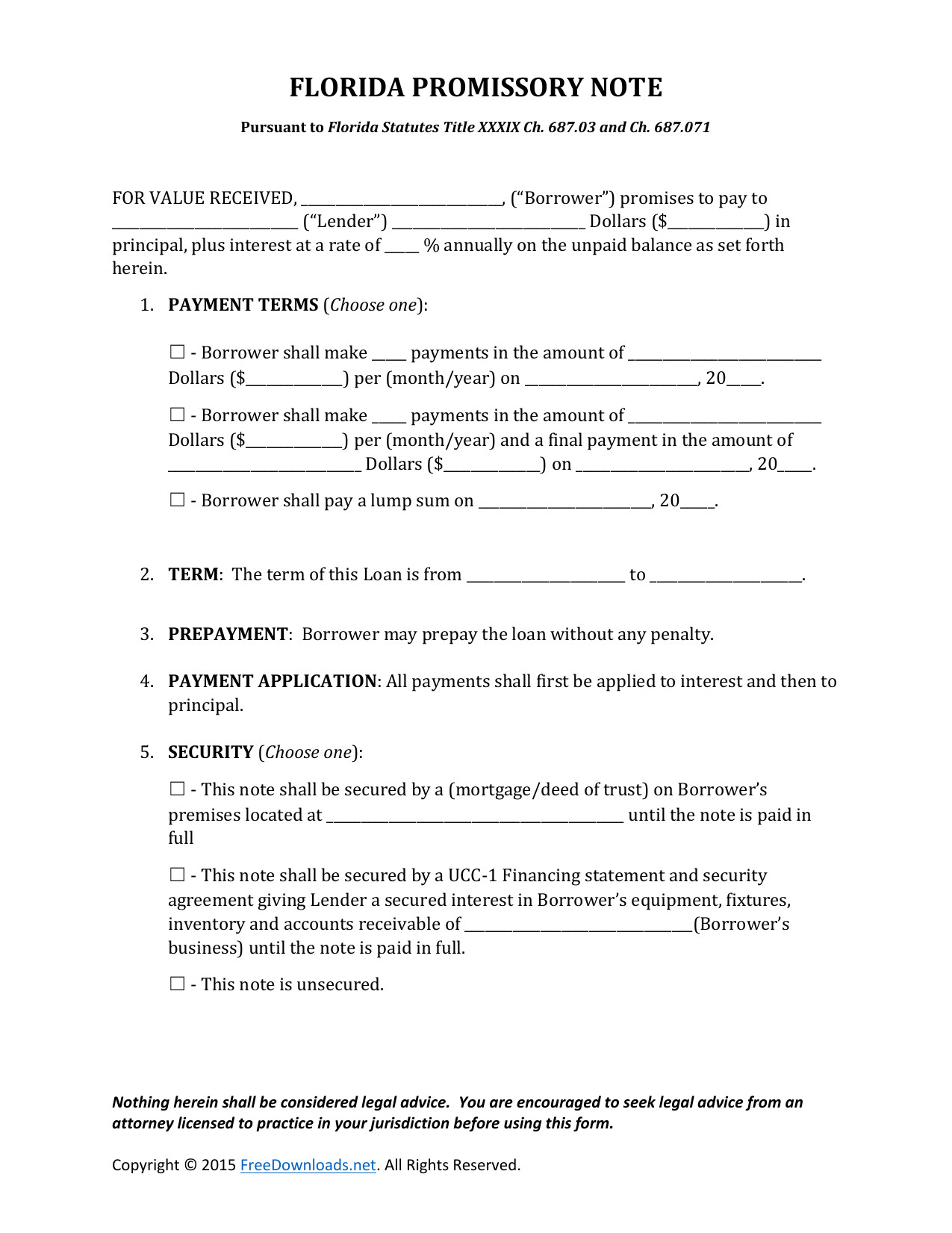 Promissory Note Template Florida Download Florida Promissory Note form Pdf Rtf