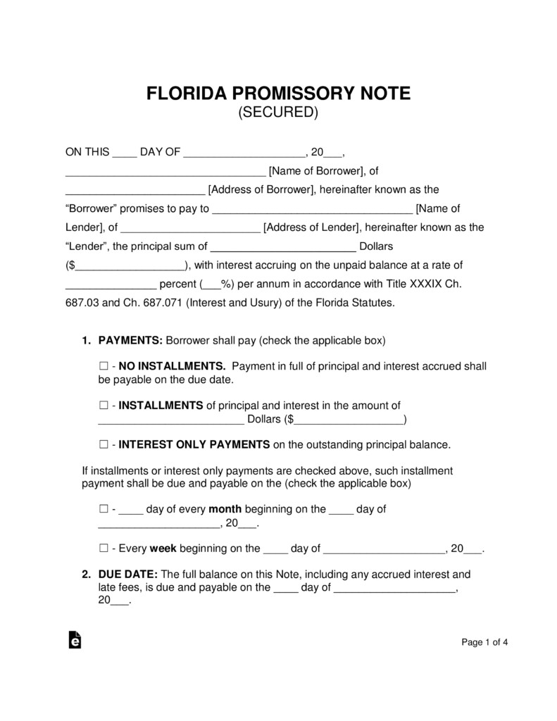 Promissory Note Template Florida Free Florida Secured Promissory Note Template Word