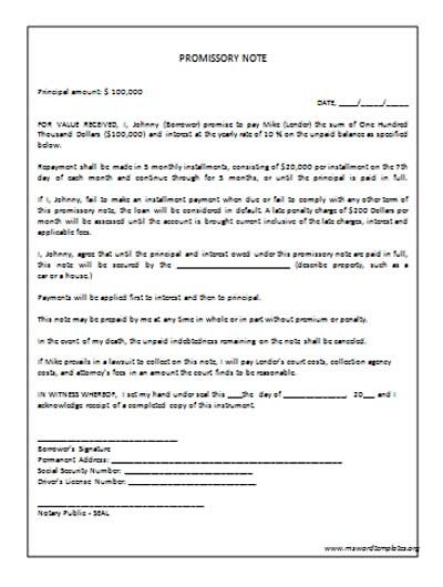Promissory Note Template Word Promissory Note Template