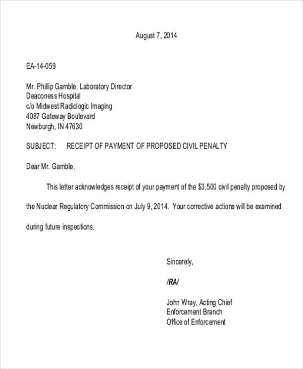 Proof Of Payment Letter 8 Sample Payment Received Receipt Letters Pdf Doc