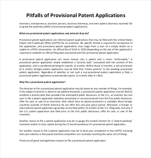 Provisional Patent Application Template 12 Patent Application Templates Free Sample Example
