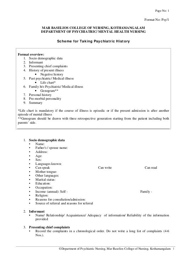 Psychiatric soap Note Template History Collection format In Psychiatric Nursing Courtesy