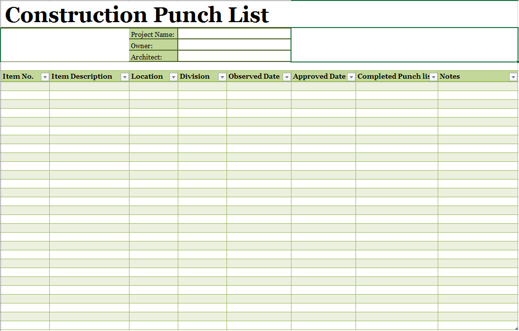 Punch List Template Excel 16 Free Construction Punch List Templates Ms Fice