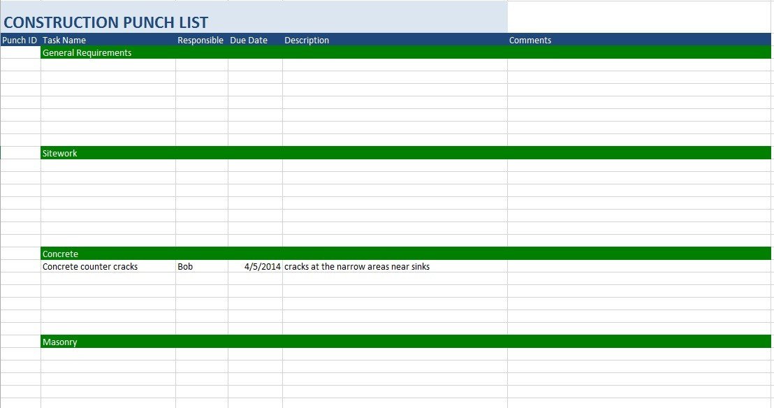 Punch List Template Excel 7 Free Sample Construction Punch List Templates