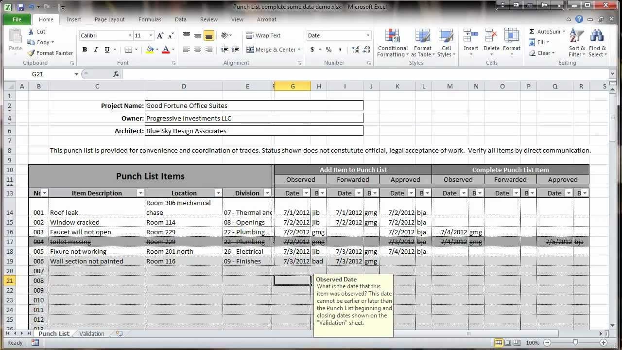 Punch List Template Excel Excel 2010 Construction Punch List Overview