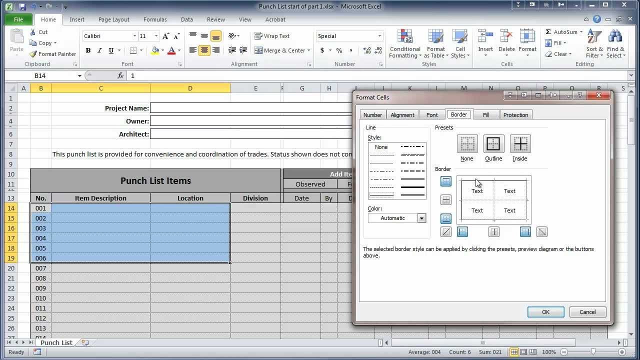 Punch List Template Excel Excel 2010 Construction Punch List Part I Create Table