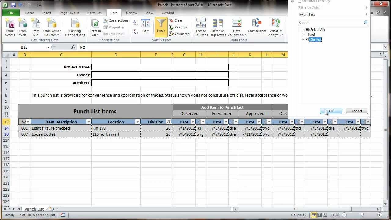 Punch List Template Excel Excel 2010 Construction Punch List Part Ii Data