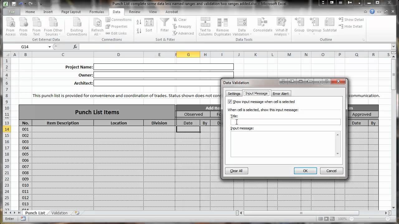 Punch List Template Excel Excel 2010 Construction Punch List Part Iv Data