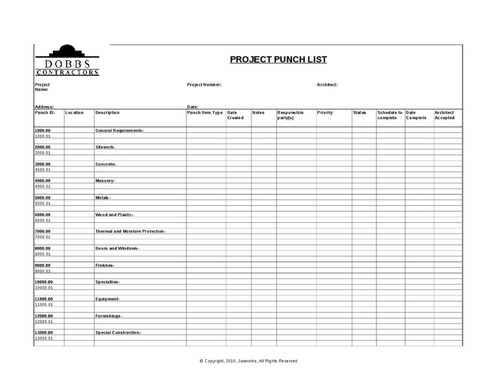Punch List Template Excel Sample Construction Punch List Template Word Trainingable