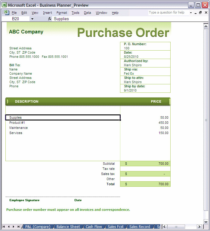 Purchase order Template Excel Excel Business Planner Purchase order Template