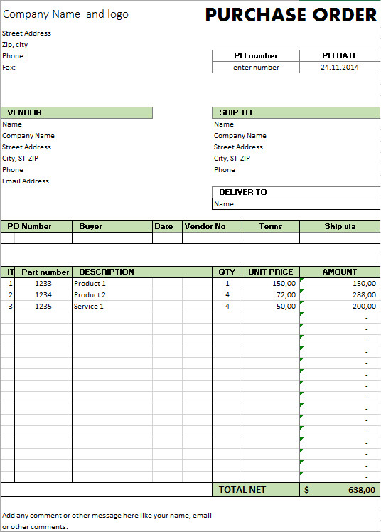 Purchase order Template Excel Excel Template Free Purchase order Template for