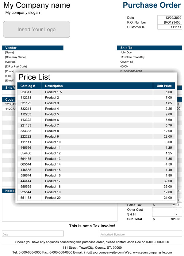 Purchase order Template Excel Purchase order
