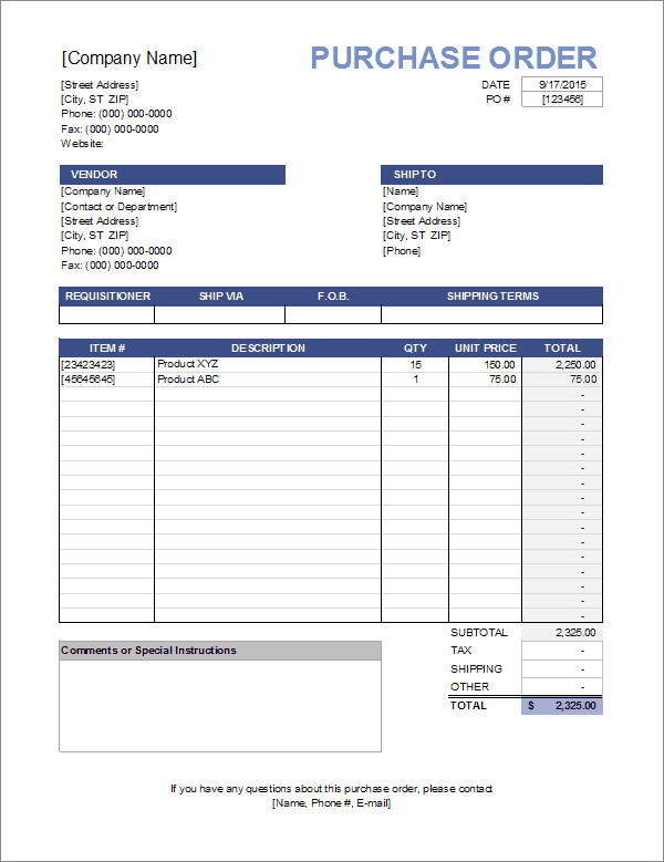 Purchase order Template Excel Purchase order Template