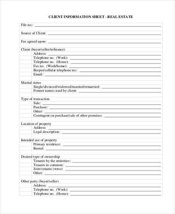 Real Estate Fact Sheet Template 9 Client Information Sheet Templates Free Samples