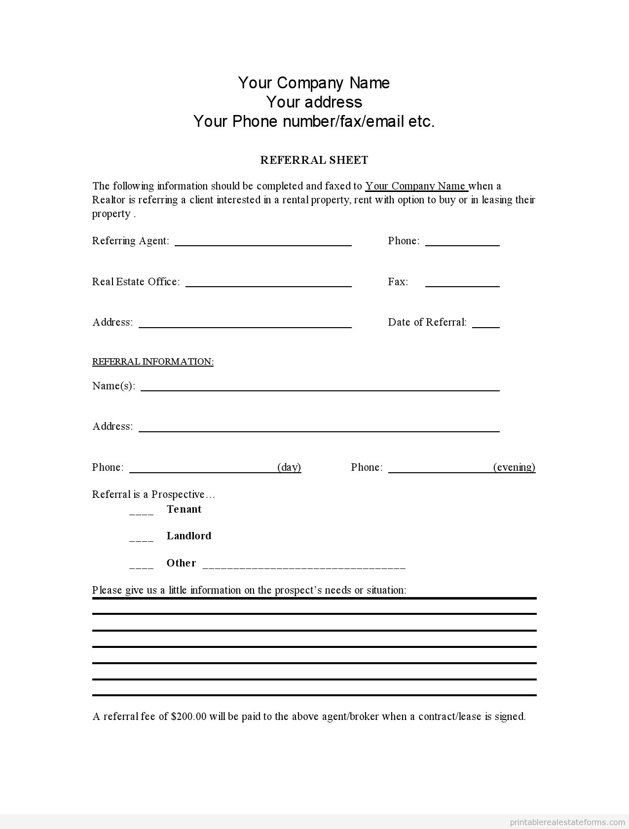 Real Estate Referral form Free Printable Real Estate Referral form Template Pdf