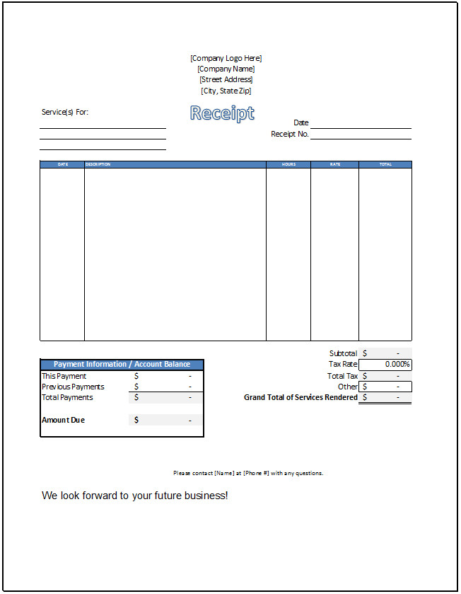 Receipt for Services Template Service Receipt Template Spreadsheetshoppe