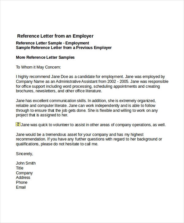 Recommendation Letter Template for Job 7 Job Reference Letter Templates Free Sample Example