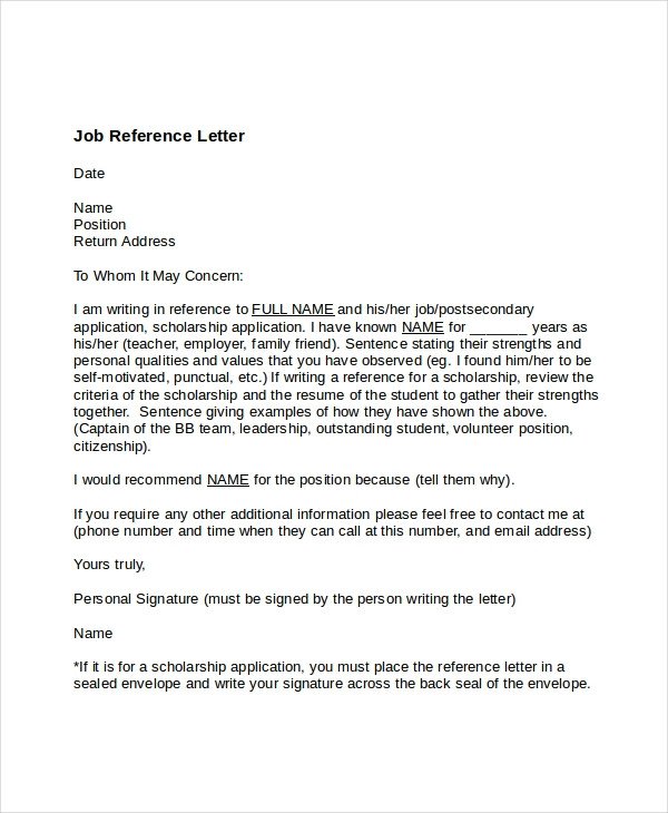 Recommendation Letter Template for Job 7 Job Reference Letter Templates Free Sample Example