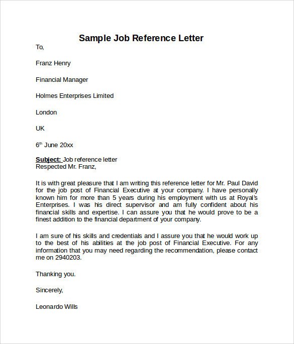 Recommendation Letter Template for Job Job Reference Letter 7 Free Samples Examples & formats