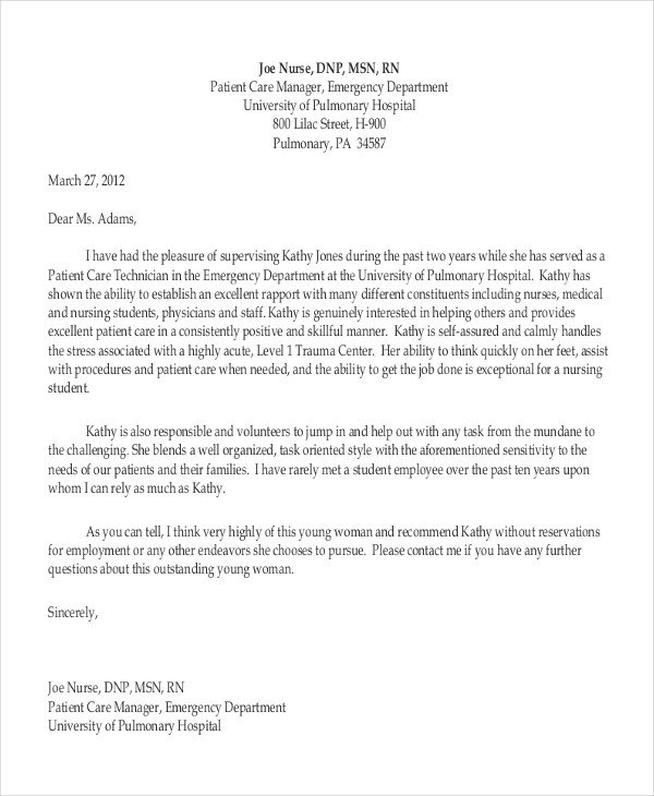 Reference Letters for Nurses 19 Professional Reference Letter Template Free Sample