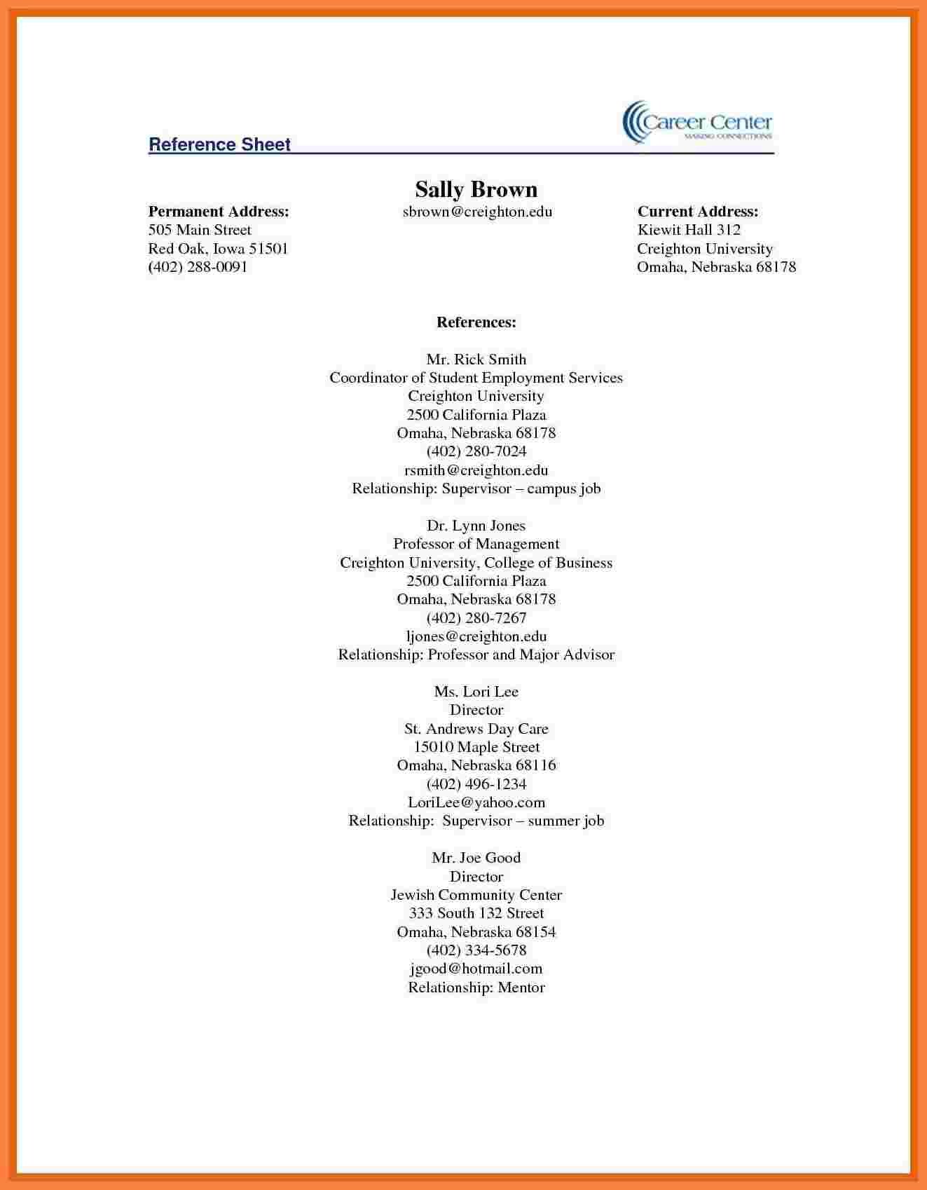 Reference Sheet for Resume Template 5 Reference Sheet for Resume Template