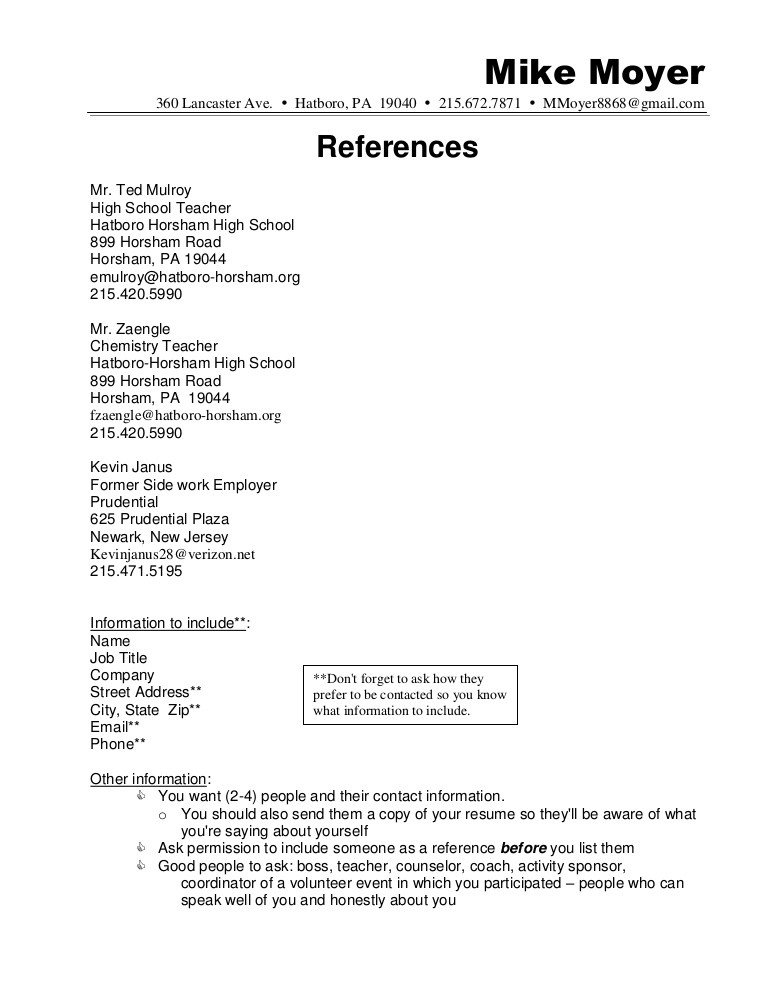 Reference Sheet for Resume Template Resume References