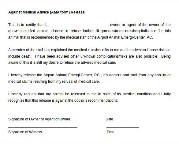Refusal Of Treatment form Against Medical Advice form 8 Samples Examples format