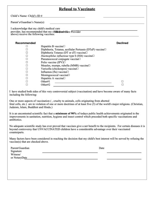 Refusal Of Treatment form Refusal to Vaccinate Printable Pdf