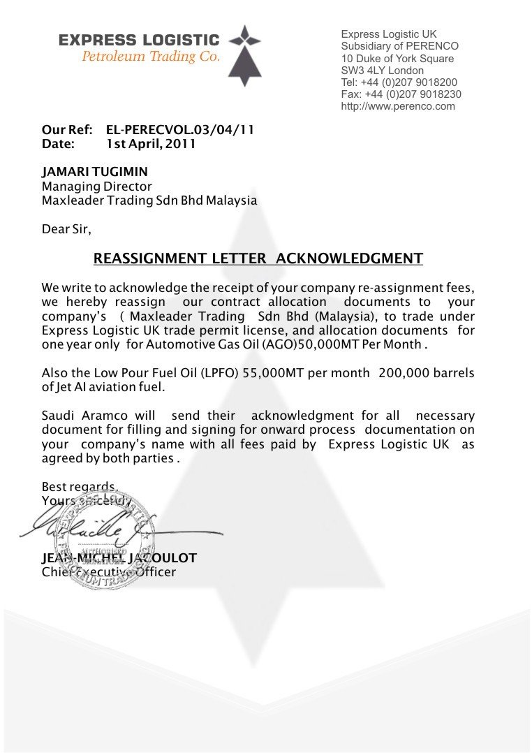 Reg 262 Template Reassignment Letter Template