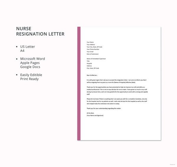 Registered Nurse Resignation Letter 13 formal Resignation Letter Template Free Word Excel