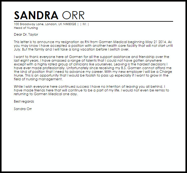Registered Nurse Resignation Letter Rn Resignation Letter Example