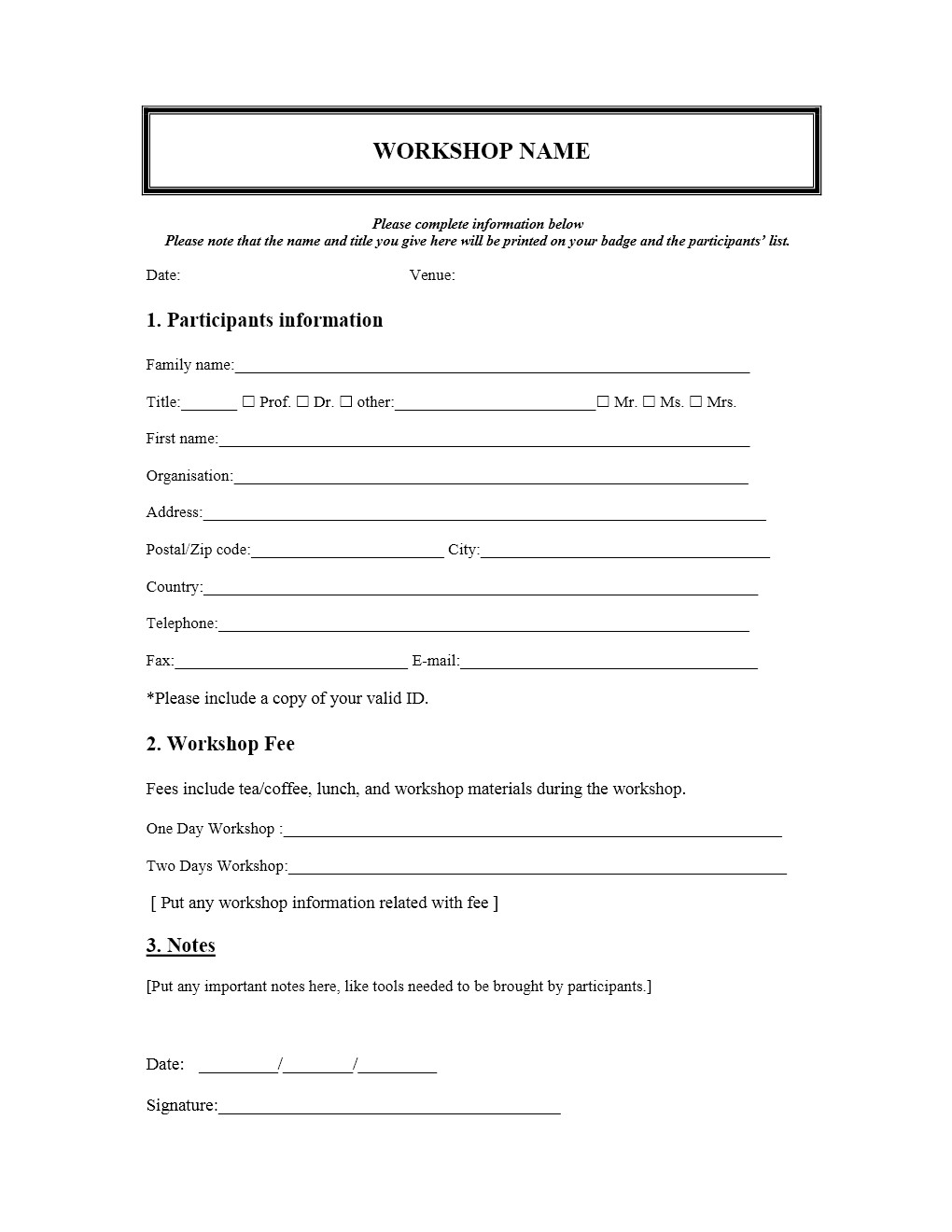 Registration form Template Free Workshop Registration form
