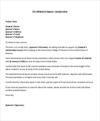 Relationship Support Letters Examples 12 Sample Affidavit Of Support Letters Pdf
