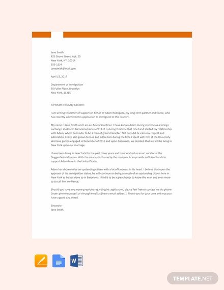 Relationship Support Letters Examples Free Immigration Letter Of Support Template Download 1639