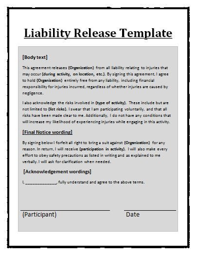 Release Of Liability Template Free Printable Liability Release form Template form Generic