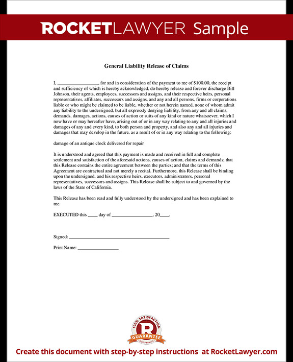 Release Of Liability Template General Liability Release Of Claims form