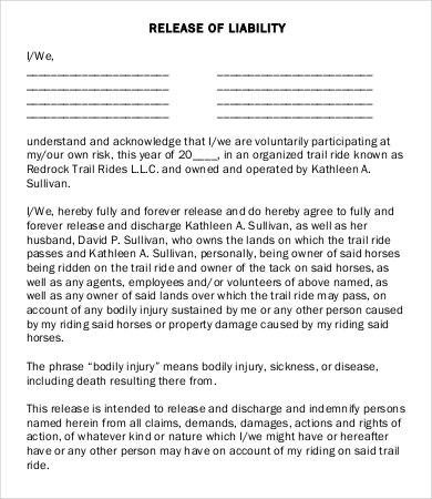 Release Of Liability Template Release Liability form Template 8 Free Sample