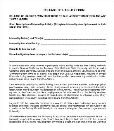 Release Of Liability Template Release Liability form Template 8 Free Sample