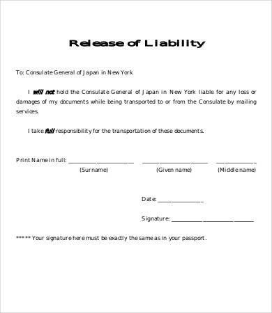 Release Of Liability Template Release Liability form Template 8 Free Sample