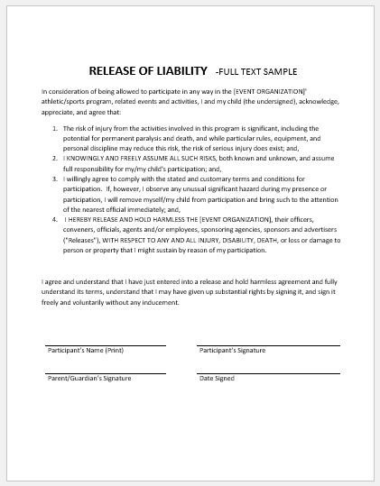 Release Of Liability Template Release Of Liability form Sample Templates