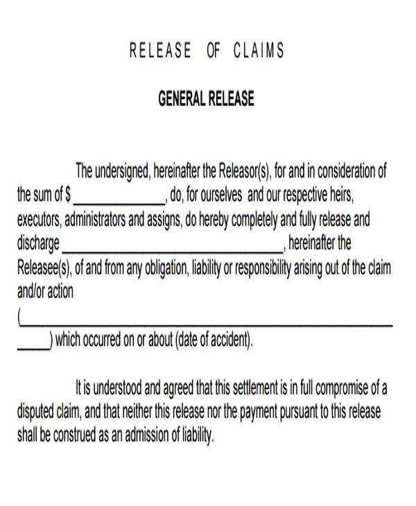 Release Of Liability Template Sample General Liability Release form 7 Examples In
