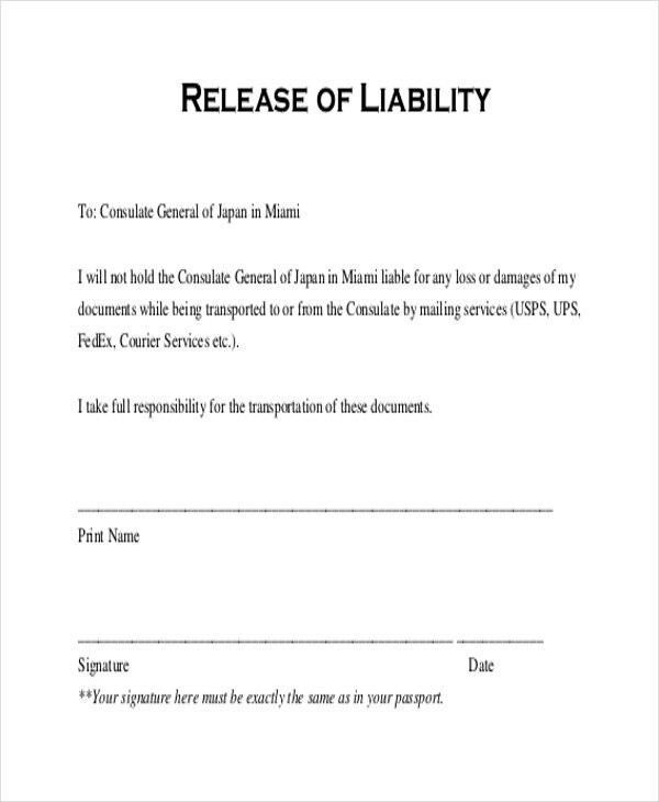 Release Of Liability Template Sample Release Of Liability form 11 Free Documents In