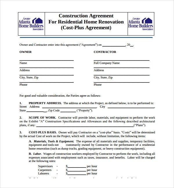 Residential Construction Contract Template Free 19 Construction Agreement Templates Word Pdf Pages