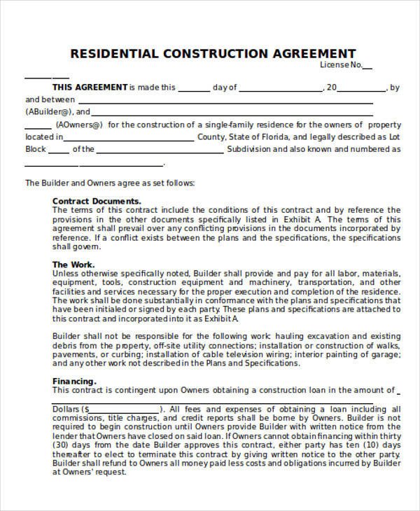 Residential Construction Contract Template Free 28 Construction Agreement forms &amp; Templates Word Pdf