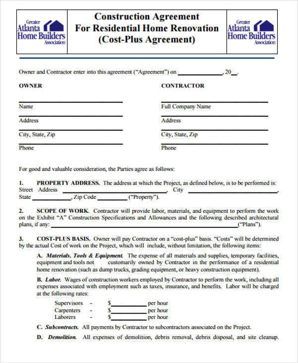 Residential Construction Contract Template Free 7 Construction Contract Templates – Word Google Docs