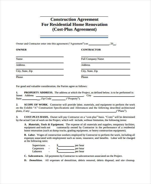 Residential Construction Contract Template Free 9 Construction Agreement form Samples Free Sample