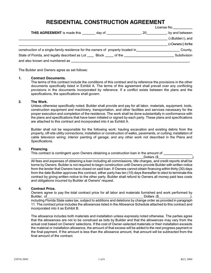 Residential Construction Contract Template Free Residential Construction Agreement In Word and Pdf formats