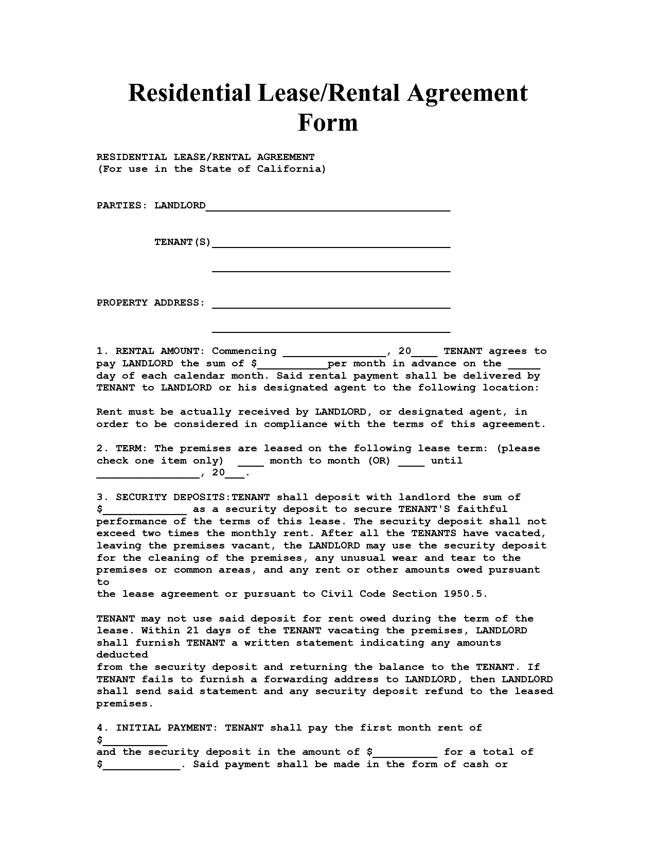 Residential Lease Agreement Template California House Lease Agreement form